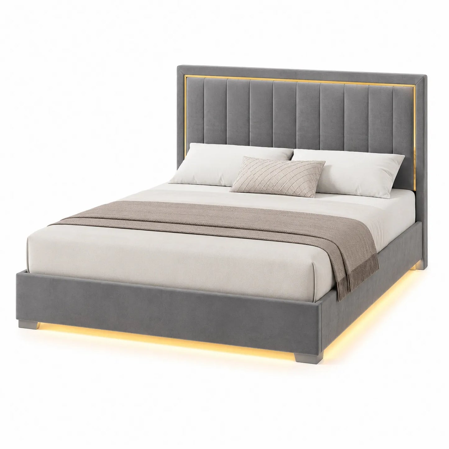 Cama de Tela Gris con Cabecera LED 160x200 cm