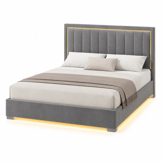 Cama de Tela Gris con Cabecera LED 160x200 cm