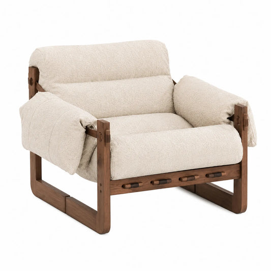 Sillón de Tela Beige con Estructura de Madera de Nogal 85x90x75 cm