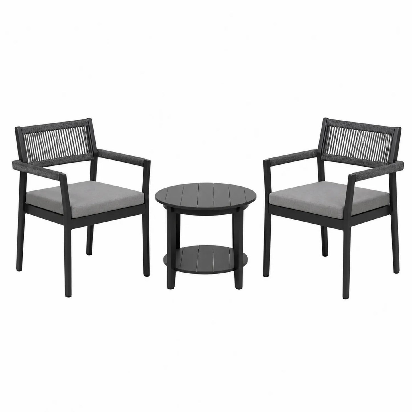 Juego de sillas y mesa de exterior de aluminio negro con cojines grises