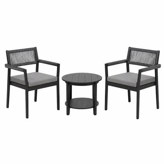 Juego de sillas y mesa de exterior de aluminio negro con cojines grises