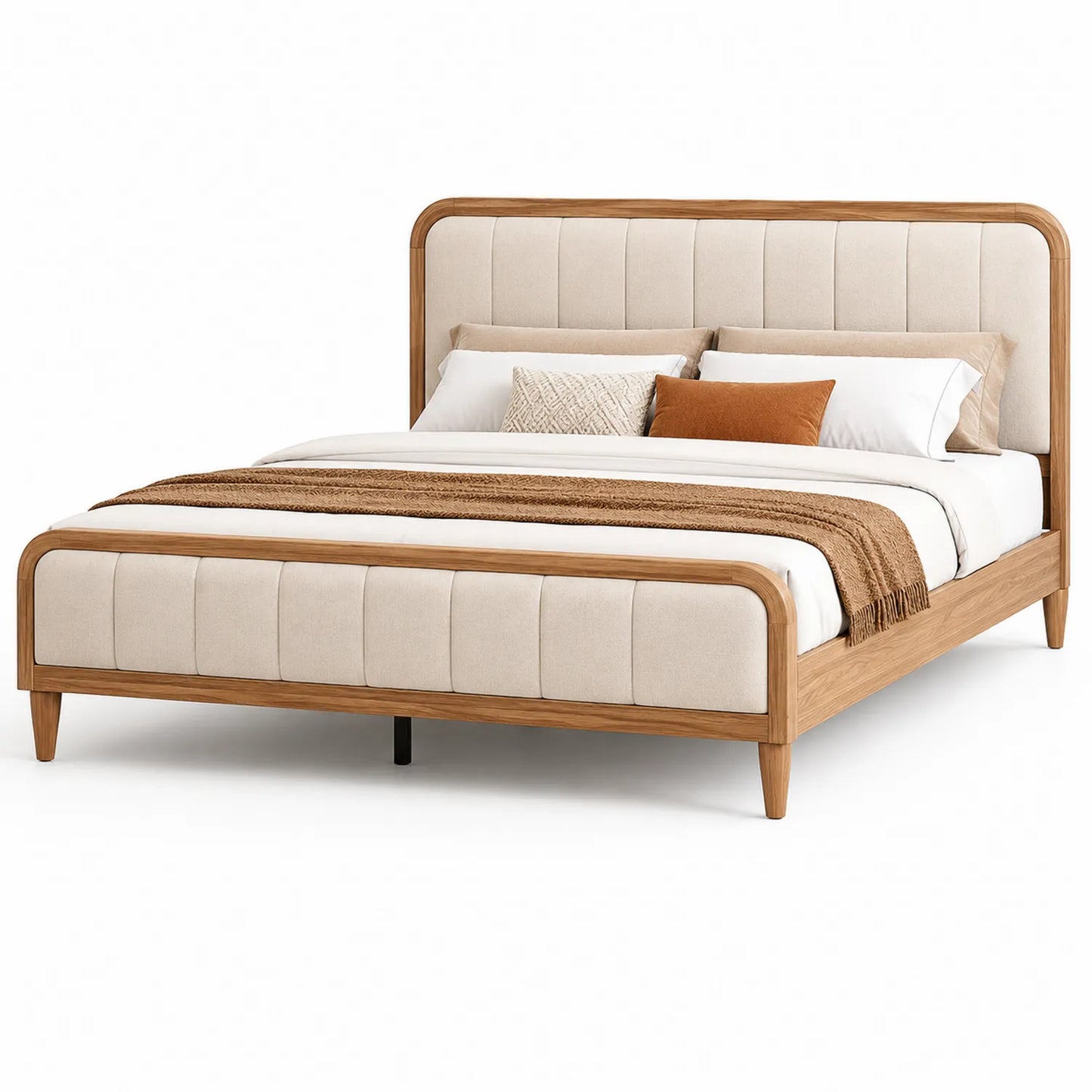 Cama de matrimonio tapizada madera roble y tela beige 200x150 cm