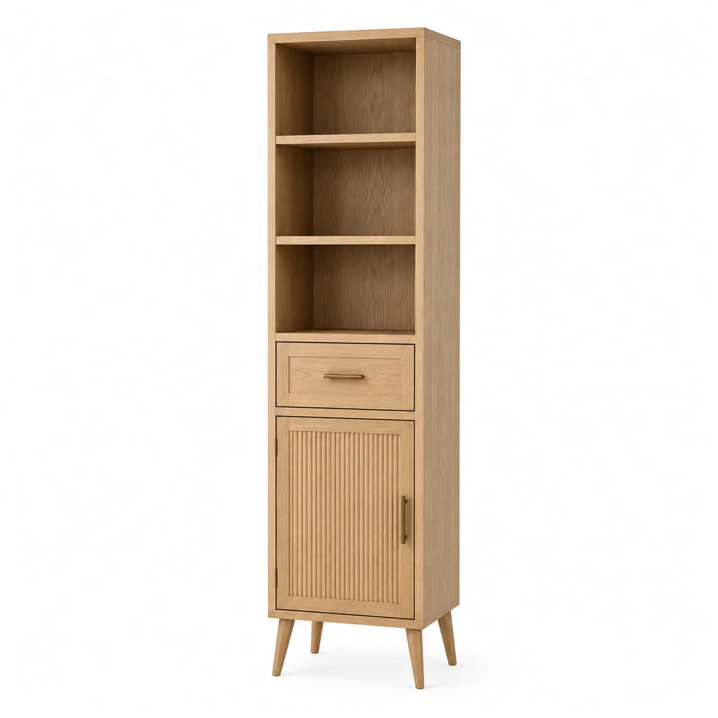 Estantería alta de madera natural con cajón y puerta 180cm