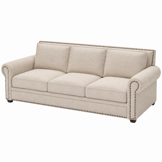 Sofá de Tela Beige de 3 Plazas con Remaches