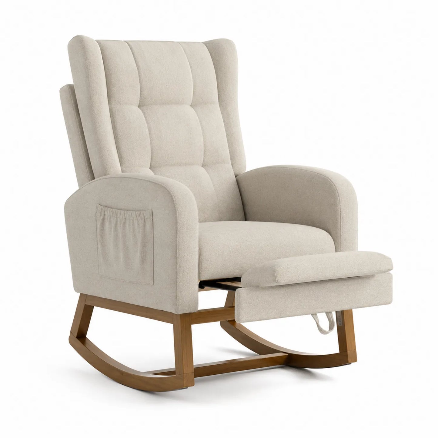 Sillón mecedora con reposapiés de tela beige y estructura de madera