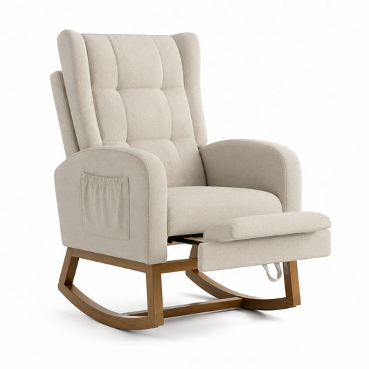 Sillón mecedora con reposapiés de tela beige y estructura de madera