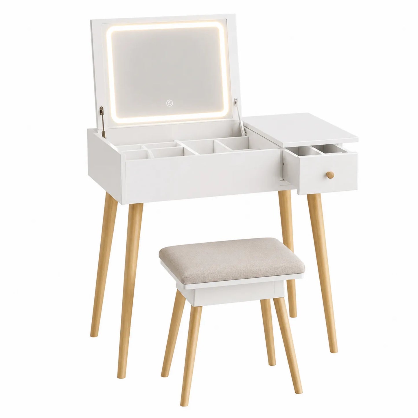 Tocador con Espejo LED de Madera y Haya 80cm x 40cm x 75cm
